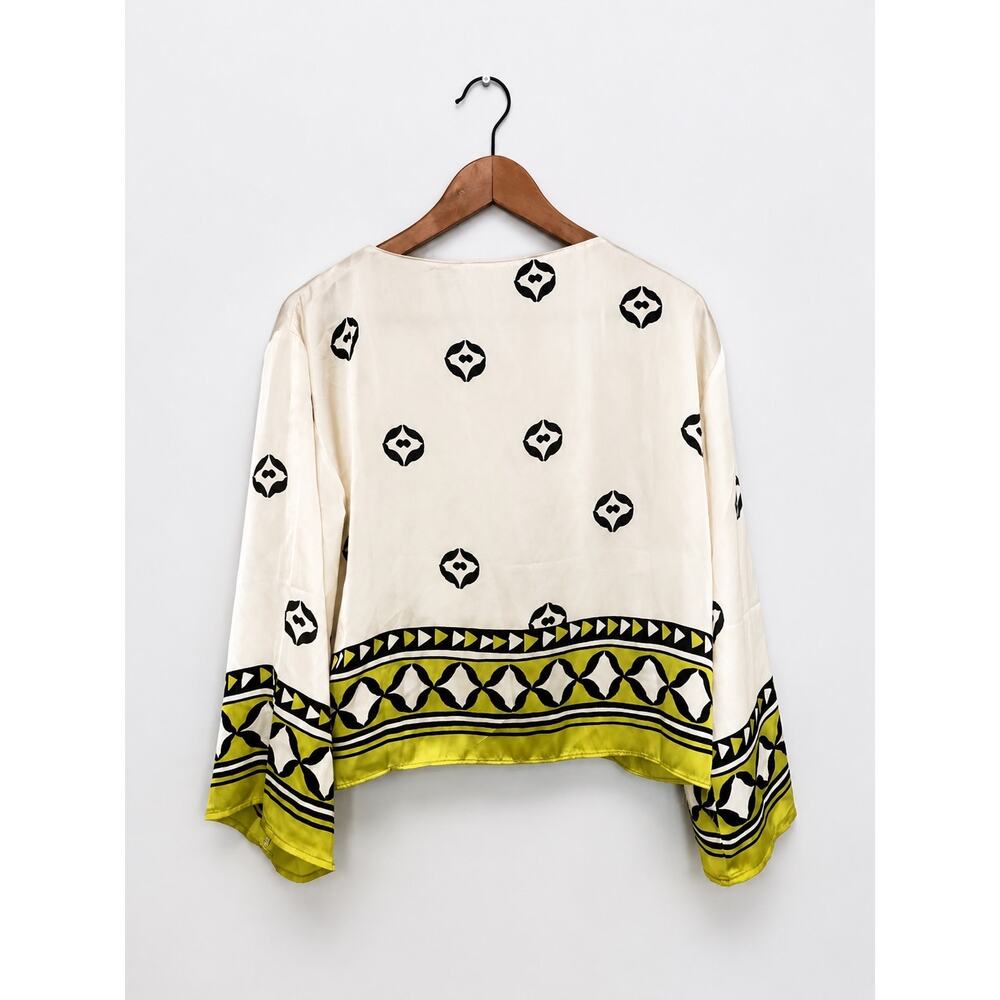 Philosophy Women Ivory Black Green Border Print Blouse Long Sleeve Boho Size SP - Picture 2 of 2